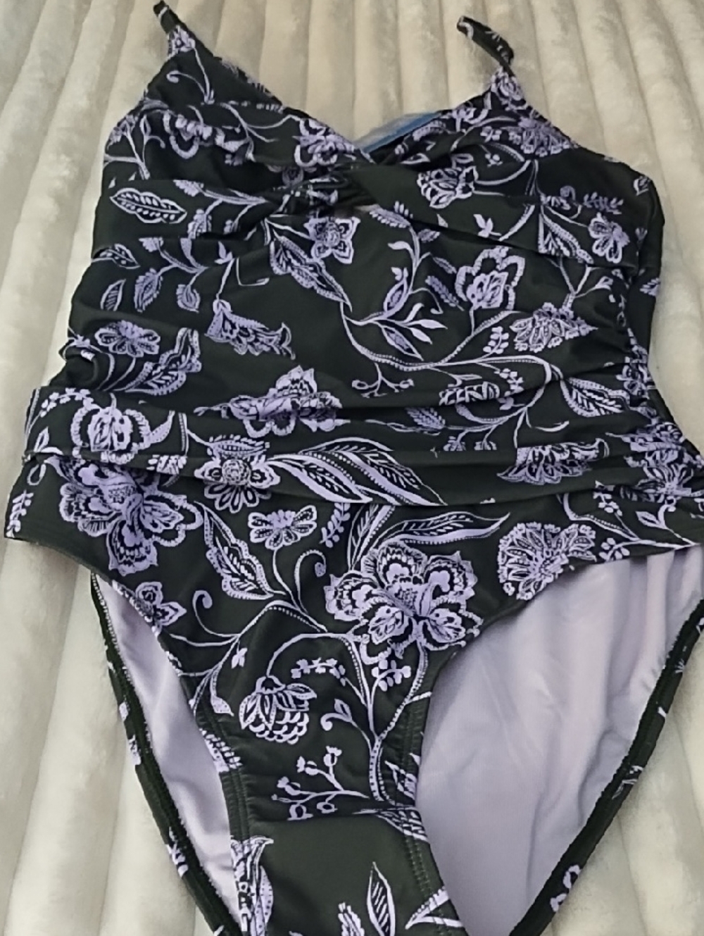 Women's Black Floral One-Piece Swimsuit with Lavender Print